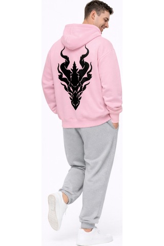 Nevermınd Unisex Ejderha Baskılı Beyaz Sevgili Kombini Oversize Hoodie Seti Pembe Pembe
