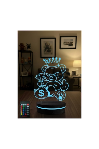 Asi Kral Ayıcık 3d Led Gece Lambası Rgb Kumandalı Para Çantalı Dekoratif Masa Lambası Çok Renkli