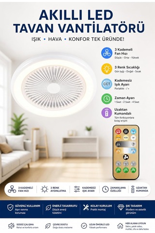 Neo Vista Led Tavan Vantilatörü Uzaktan Kumandalı 3 Kademeli Fan & 3 Renk Işık Ve Zaman Ayarlı Modern Floresan Tip Diğer