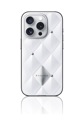 Apple Uyumlu iPhone 16 Pro Kılıf Parlak Arka Yüzeyli Kabartma Kapitone Pynana Metal Diamond Serisi Kapak Beyaz