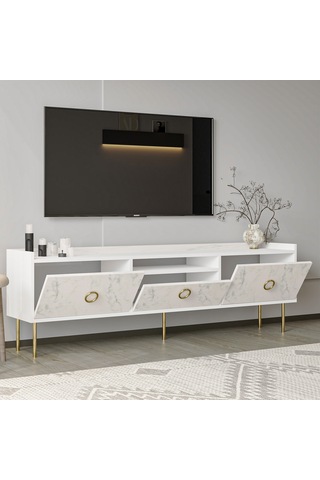 T0015 Lidya Kapaklı, Açık Raflı Tv Sehpası - Beyaz/mormo Beyaz Mermer Beyaz/mormo Beyaz Mermer