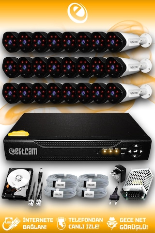 Elitcam 24 Kameralı Uzay 24 Dış Kamera Set 2 TB HDD Full HD Gece Görüşlü Güvenlik Kamerası Sistemi