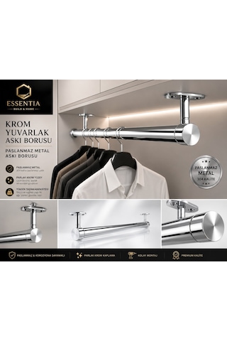 Krom Yuvarlak Askı Borusu Seti 65 Cm Paslanmaz Metal Dolap İçi Elbise Askılık Sistemi Çoklu Renk