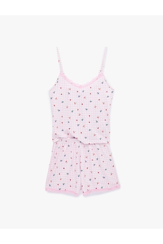 Koton Dantel Detaylı V Yaka Askılı Şortlu 2'li Pijama Takımı Pembe Ekose 6slk40168mk