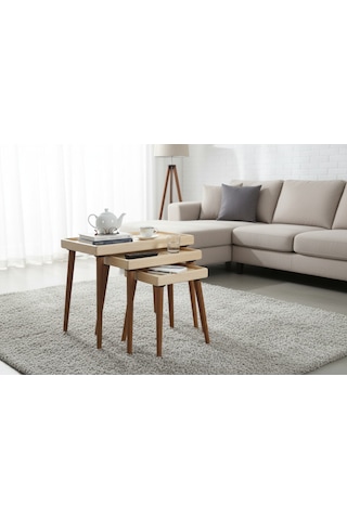Mobenta Basic Nest-3 Doğal Masif Ahşap 3'lü Zigon Sehpa, Latalı - Bz Krem