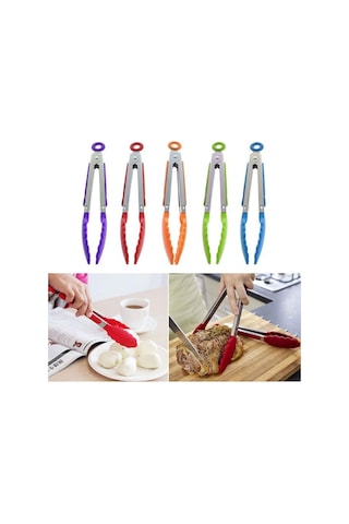 Siyah Hi-q Mını Silikon Pişirme Yemek Servis Barbekü Maşası Paslanmaz Çelik Saplı Gereçler