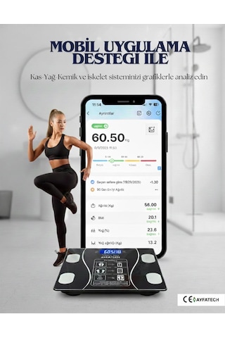 Ayfatech Dijital Baskül Yağ, Su, Kas, Vücut Kitle Endeksi Kilo Ölçer Tartı