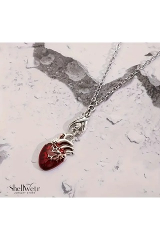 Rubicore Dramatik Gotik Tarz Kırmızı Kalpli 925 Ayar Gümüş Zincir Unisex Kolye Gümüş