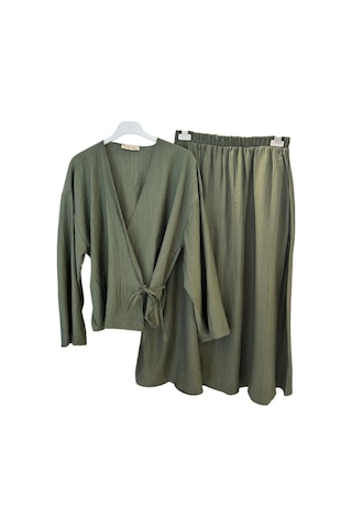 Z-556 Üstü Kimono Kısa Etekli Çilek Takım Haki