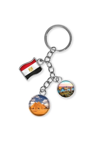 Mısır Üçlü Epoksi Metal Çift Taraflı Damla Anahtarlık Egypt Gümüş