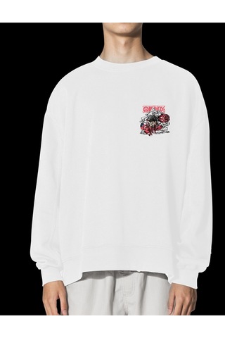 Unisex Beyaz Snakeman Baskılı Hoodie Oversize Kapşonsuz Sweatshirt Beyaz