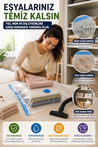 Mini Boy Vakumlu Hurç 60x80 Cm 1 Adet Vakum Poşeti Çift Kilitli Saklama Torbası Şeffaf Düzenleyici