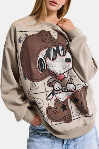 it's basic  Kadın Ekru Bej W5 Oversize Baskılı %100 Koton Organik Kumaş Sweatshirt