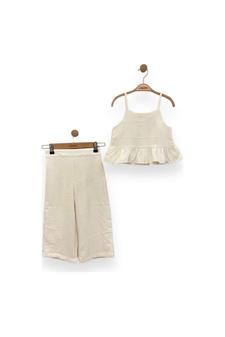 Çikoby Kız Çocuk Askılı Bluz Bol Paça Pantolonlu Takım-13762 KREM