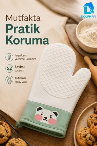 Silikon Fırın Eldiveni Panda Desenli Isıya Dayanıklı Kaymaz Mutfak Eldiveni Yeşil Cok Renkli