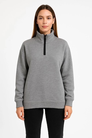 Mbb E-ticaret Kadın 3 İplik Pamuklu Dık Yaka Yarım Fermuarlı Sweatshirt - Gri
