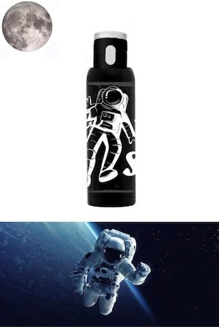 Flosoft Uzay Matara, Astronot Desenli Düğmeli Okul Suluğu, Sızdırmaz Öğrenci Suluk 500ml Siyah