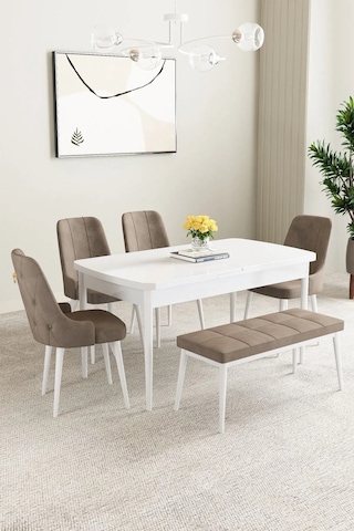 Clara Beyaz 80x132 Açılabilir Mdf Masa Yemek Odası Takımı,mutfak Takımı 4 Sandalye 1 Bench Cappuccino
