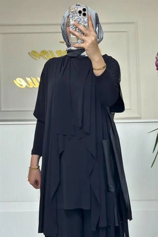 Nurcan Çetin 25622 Deri Detaylı 3'lü Yelekli Takım Siyah