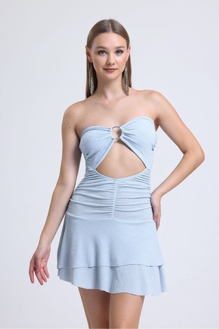 Buz Mavisi Önden Halkalı Bel Kısmı Açık Cift Kat Kloş Etekli Party Elbisesi Buz Mavisi