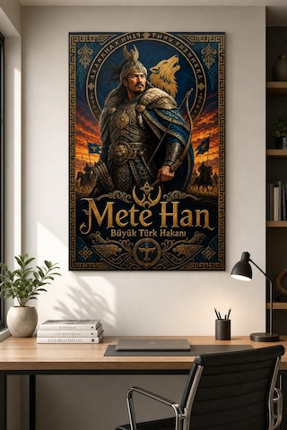 Mete Han Desenli Baskılı Cam Tablo Türk Hakanı Uv Baskı Duvar Dekoru