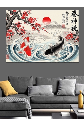 Ahşap Tablo Japon Tarzı Balık Ve Güneş
