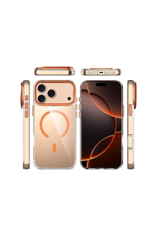 Apple Uyumlu iPhone 17 Pro Kılıf M-safe Şarj Özellikli Airbagli Kamera Standlı Zore Azor Kapak - Turuncu Turuncu