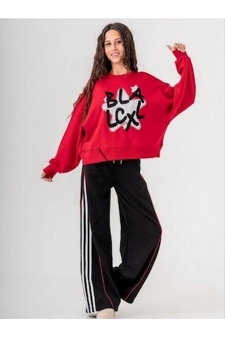 Kız Çocuk Black Yazılı Sweatshirt-14772 Kırmızı