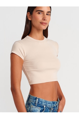 Dilvin 31810 Bisiklet Yaka Crop T-shirt-bej Bej