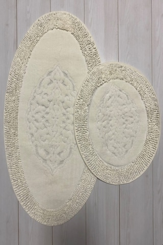 Oval Pamuk Makarna Damaks 2'li Klozet Takımı Banyo Paspas Seti Beyaz 60 x 100 / 50 x 60 CM Beyaz