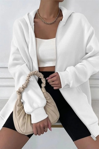 Modagen Unisex Beyaz Pamuk Fermuarlı Oversize Hırka Beyazhrk