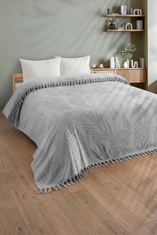 Çift Kişilik Saçaklı Havlu Yatak Örtüsü - %100 Pamuk & Yumuşak & Saçaklı Pike - 200x220 Cm-gri Grı