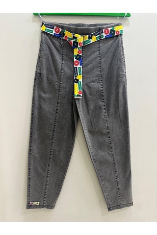 Zanessi Fashıon Büyük Beden Denim Kemerli Yüksek Bel Mom Kadın Pantolon Siyah