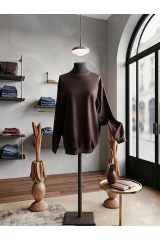 Erkek Kahverengi Bisiklet Yaka Oversize Uzun Kollu Tişört / Sweatshirt - L Beden A.kahve