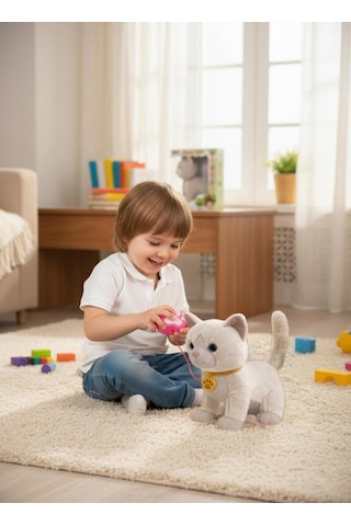 Sevimli Kedi Uzaktan Kumandalı Sesli Miyavlıyan Dil Çıkaran 5 Fonksiyonlu Oyuncak Peluş Hayvan Krem