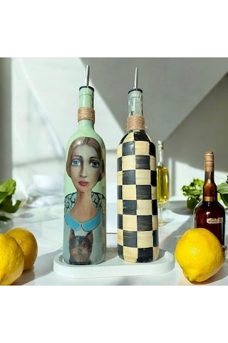 Kadın Desenli Ve Kareli 750 Ml Zeytinyağı Sıvıyağ Şişesi Yağdanlı