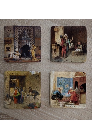 Oryantal Satranç Oynayanlar Kahveci Ve Sultan Süleyman Doğal Taş Bardak Altlığı 4'lü Set - Natural Stone Coasters - Taş Çok Renkli