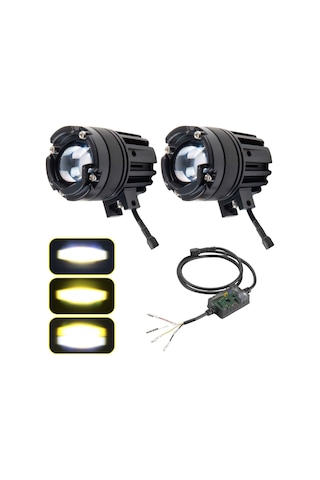 Motosiklet Arazi Aracı Sis Farı Seti Beyaz Sarı Projektör 12-24v 3 Mod Fan Soğutmalı Metal Kasa