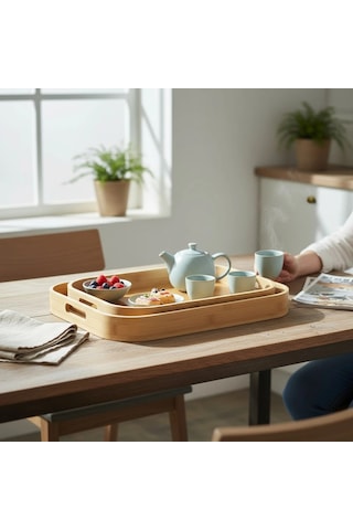 Mybru Dikdörtgen Bambu Tepsi 2'li Set Ahşap