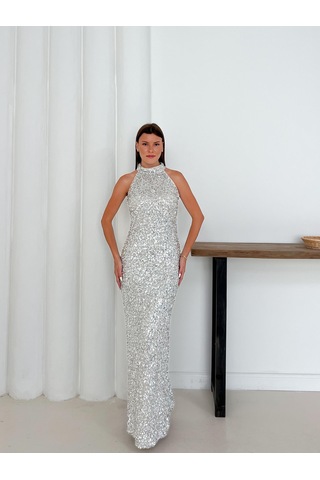 Halter Yaka Payetli Gümüş Abiye Elbise Gümüş
