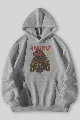 Harmandar Anubiz Rock Baskılı Unisex Siyah Kanguru Cepli Kapüşonlu Sweatshirt Hoodie Gri