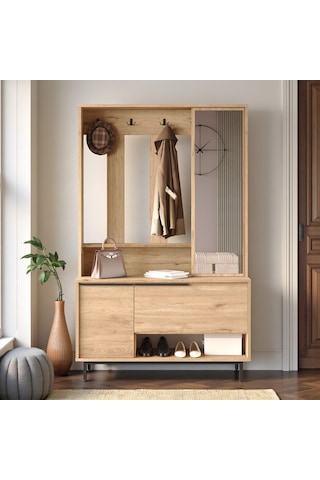 Robin Home Portmanto Vestiyer Ayakkabılık Aynalı Metal Ayaklı Sepet Kahverengi