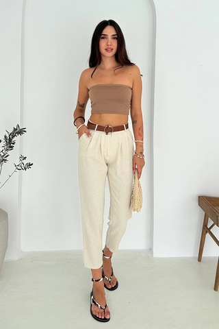 Kemer Detaylı Keten Pantolon Krem Krem
