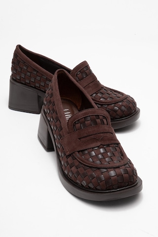 Luvishoes Luvi Shoes Marlon Kahverengi Örgülü Kadın Kalın Topuklu Loafer Ayakkabı Kahverengi
