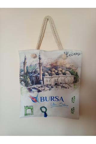El Yapımı Şehir İsimli Bez Çanta Krem.karışık Renkli Desenli