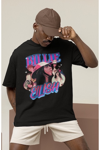 Sevbano Tasarım Billie Eilish Şarkıcı Baskılı Unisex Oversize Tişört Siyah