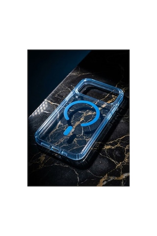 Apple Uyumlu iPhone 17-18 Pro Max Güçlendirilmiş Magsafe Şarj Özellikli Sararmaz Kristal Sert Kapak Kılıf Ve Kırılmaz Ekran Koruyucu Kristal Mavi Kristal Mavi
