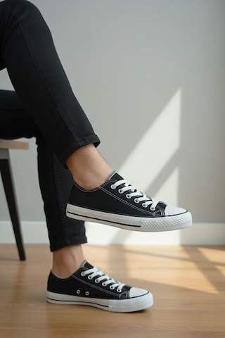 Enoch Unisex Klasik Canvas Ve Bez Bağcıklı Keten Rahat Günlük Sneaker Ayakkabı Siyah Beyaz