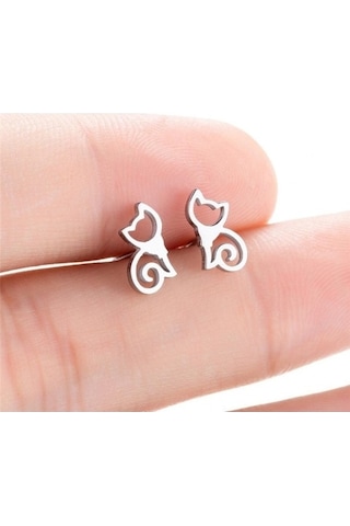 Fastbuy Gümüş Minimalist Kedi Küpe - Paslanmaz Çelik Saplama Kadın Takı Gümüş