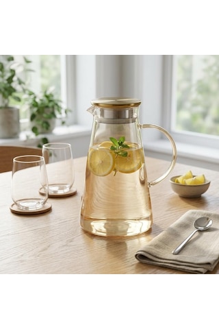 Deconox Borosilikat Cam Sürahi 1.9 Litre - Isıya Dayanıklı, Gold Renk Luster Boyalı Ve Paslanmaz Çelik Süzgeçli